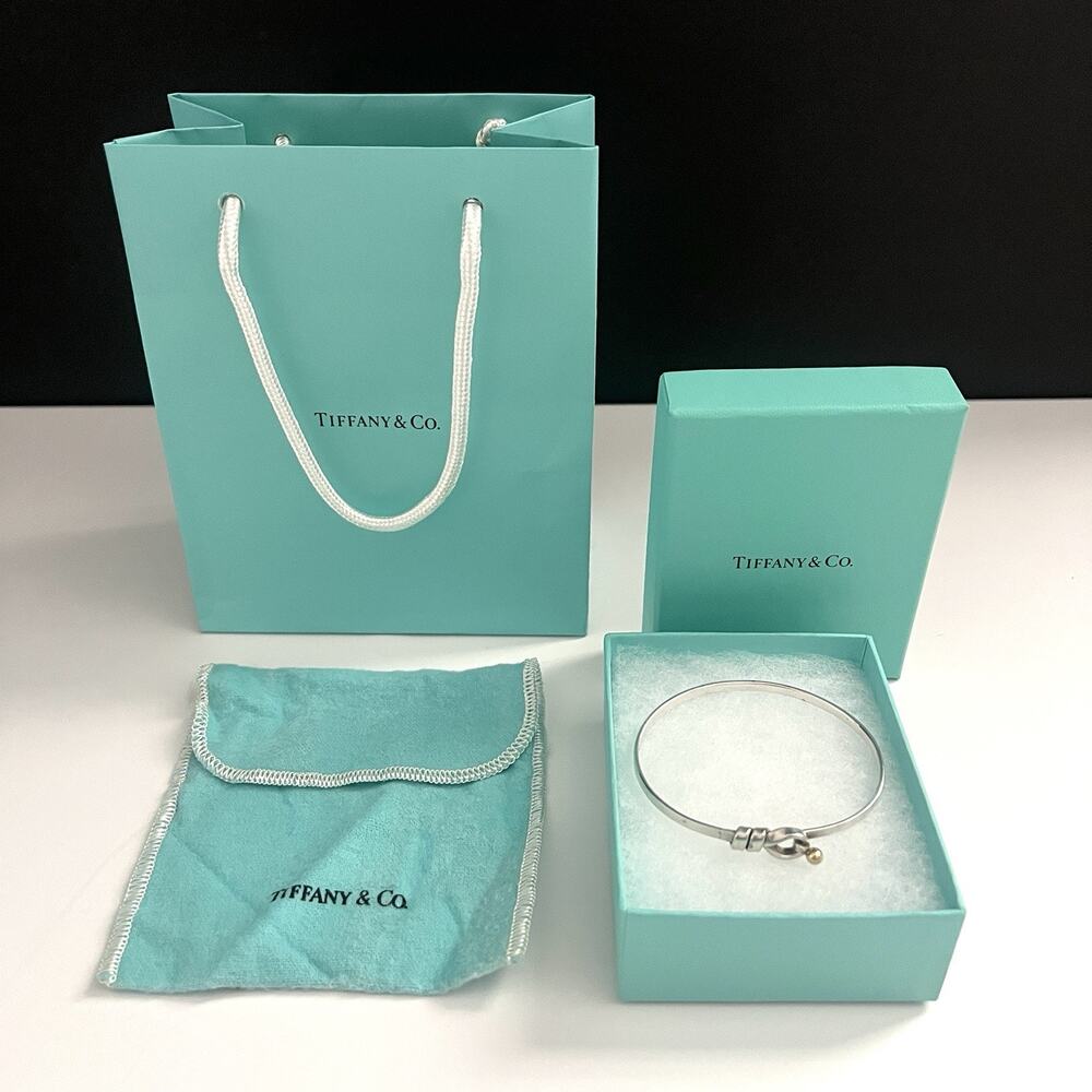 Tiffany & Co 925 750 Hook Eye Love Knot Bangle Bracelet Silver Gold 6.5" Box Bag